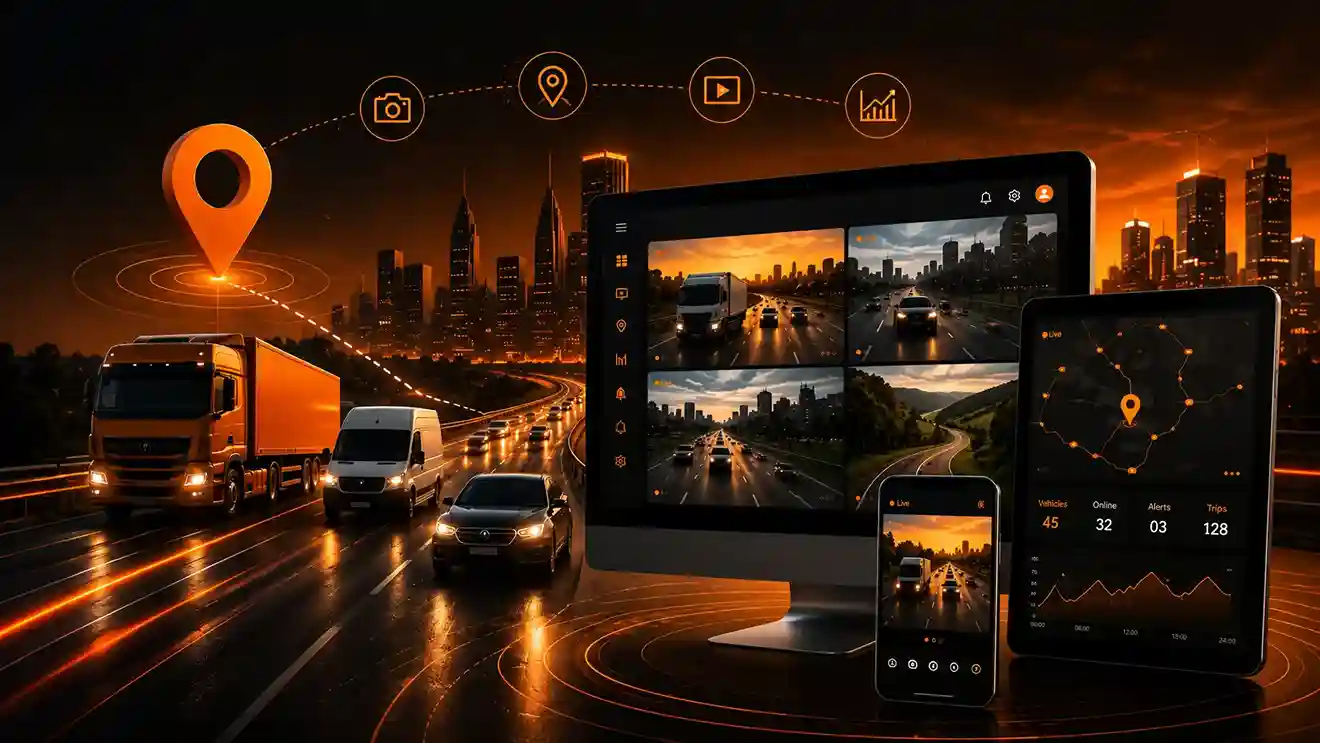 Dashcam mounted on a fleet truck windshield at night - Dark Theme